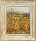 autumnal Bucks County landscape by Fern Coppedge, oil on canvas board, offered Apr 2018