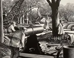 Untitled (Pipeline construction in a New England town) by Edward Arthur Wilson, lithograph, sold May 2022