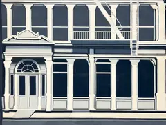 White Building by Lowell Nesbitt, 1965, oil on canvas (unstretched), sold May 2022