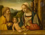 La Sainte Famille by Marco Palmezzano, Panneau doublé et monté sur châssis, sold Apr 2023