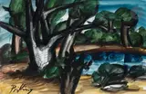Paysage à la rivière by Franz Priking, 1965, Encre et gouache, sold Apr 2023