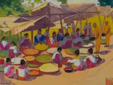 Scène de marché à Mandalay en Birmanie by Léa Lafugie, Encre, gouache et aquarelle sur papier, sold Apr 2023