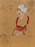 Portrait d’une jeune femme japonaise portant une coiffe de paysanne by Léa Lafugie, Crayon, gouache et aquarelle sur papier, sold Apr 2023