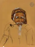 Vieillard fumant une pipe by Léa Lafugie, Crayon et aquarelle sur papier, sold Apr 2023