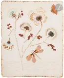 Fleurs, papillon et libellule by Jean Benoît, vers 1960, Technique mixte et collage de végétaux sur papier, sold Apr 2023