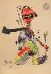 Personnage aux fleurs by Gaston Chaissac, Collage de papiers publicitaires et fragments de carte de géographie et encre de Chine, sold Apr 2023