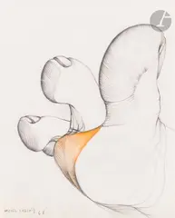 Pied by Michel Lablais, 1968, Mine de plomb et crayon orange, sold Apr 2023