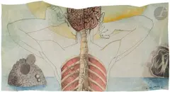 Composition by Michel Lablais, 1971, Technique mixte et collage sur parchemin découpé, sold Apr 2023