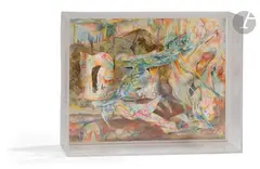 Composition by Bernard Schultze, 1974, Encre, crayons de couleur sur papier et papier découpé en relief, sold Apr 2023
