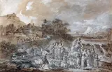 Paysage italien avec cascade et voyageurs et berger et son troupeau by Francesco Zuccarelli, Plume, lavis, rehauts de gouache, sold Dec 2012