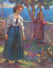 Jeune femme et fillette devant la mer by Jean Peske, Pastel, sold Dec 2011