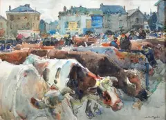 La foire aux bestiaux by Louis Agricol Montagné, Aquarelle, sold Apr 2011
