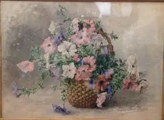 Bouquet de pétunias dans un panier by Eugénie Faux-Froidure, Aquarelle, sold Dec 2017