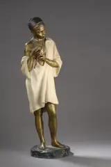 Le joueur de flûte by Rachel Hautot, 1920, Bronze à patine dorée et marbre blanc, sold Dec 2017