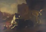 La raison du plus fort (Deux chiens se disputant des entrailles) by Jan Baptist Weenix, Toile, sold Nov 2017