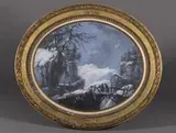 Personnages sur un pont dans un paysage de neige by Jean-Baptiste Pillement, 1772, Pastel ovale, sold Nov 2017