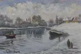 Promenade en bord de rivière enneigé by Hugues Claude Pissarro, Gouache signée en bas à gauche, sold Jun 2017