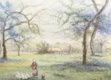 Les poules blanches by Hugues Claude Pissarro, Gouache signée en bas à gauche, sold Jun 2017