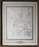 Intérieur de cuisine avec deux femmes et deux enfants by Jean Baptiste Mallet, Crayon noir, sold Mar 2017