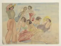 Groupe de baigneuses sur la plage by Odilon Roche, Aquarelle et mine de plomb, sold Nov 2022