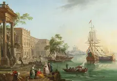 Marchands et élégantes sur un quai près d'un palais by Jean-Baptiste Lallemand, Toile, sold Nov 2022