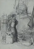 Le forgeron by François Guiguet, Crayon noir sur papier bleu, au verso une étude de femme, sold Nov 2022