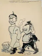 Caricature de deux officiers prussiens by Gus Bofa, Encre noire et crayon bleu, sold Nov 2022