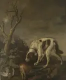 Chien reniflant un lièvre avec une perdrix, fusils et corne de chasse by Elias Vonck, Toile, sold Nov 2022