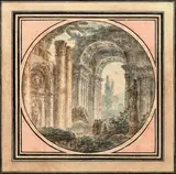 Promeneurs dans les ruines d'une voûte à caissons by Jean-Henri-Alexandre Pernet, Plume et encre noire, lavis gris et brun, aquarelle, sold Dec 2020