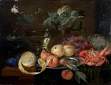 Nature morte aux raisins, pêches et crustacés by Jan van Kessel, Panneau de chêne, une planche, non parqueté, sold Mar 2013