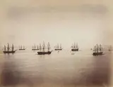 Flotte franco-anglaise en rade de Cherbourg / The French and English Fleets, Cherbourg, 4-8 août 1858 by Gustave Le Gray, Épreuve d?époque sur papier albuminé, à partir d?un négatif verre au collodion, montée sur, sold Nov 2013