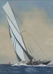 Yacht en régate by Léon Haffner, Gouache au pochoir, sold Nov 2023
