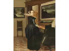 Niederländisches Interieur mit Eleganter Dame, auf Einem Spinett Spielend by Pieter Jacobsz Codde, oil on panel, offered Dec 2021