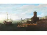 Blick auf Einen Mittelmeerhafen mit Ankerndem Dreimaster und Zahlreichen Figuren by Orazio Grevenbroeck, oil on canvas, offered Jun 2026