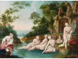Venus Beim bad mit Ihren Gespielinnen by Jacques Sébastien Leclerc, oil on panel, offered Jun 2023