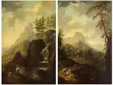 Südliche Landschaften mit Gewässer und Holzbrücken by Christian Hilfgott Brand, oil on panel, sold Mar 2025