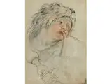 Junger Dudelsackpfeifer mit Löwenkappe by Jean-Antoine Watteau, charcoal, sold Apr 2016