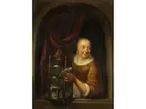Junges Mädchen mit Papagei in Fensternische by Gerrit Dou, oil on panel, sold Dec 2023