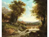 Südliche Landschaft mit Flusslauf und Figuren by George Smith, oil on canvas, offered Sep 2025