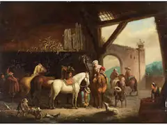 Gehöft mit Reisenden und Pferden by Dirck Stoop, oil on panel, offered Sep 2024