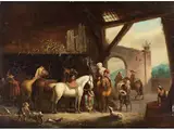 Gehöft mit Reisenden und Pferden by Dirck Stoop, oil on panel, offered Sep 2024