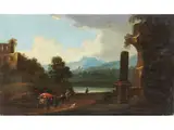 Flusslandschaft mit Ruinen und Pferdegespann by Christian Hilfgott Brand, oil on canvas, offered Sep 2024