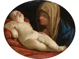 Die Jungfrau Maria mit dem Schlafenden Jesuskind by Elisabetta Sirani, oil on canvas, sold Dec 2024