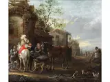 Reisende bei der Rast am Rande Eines Dorfes by Barend Gael, oil on panel, sold Sep 2024