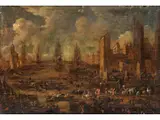 Fantasieansicht mit Hafen, Marktszene und Figuren by Pieter Casteels II, oil on canvas, sold Mar 2025