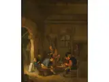 Interieur mit Bauern am Tisch mit Weinglas, Pfeife und Geige by Adriaen van Ostade, oil on canvas, offered Dec 2024