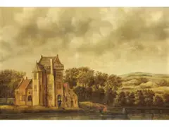 Landschaft mit Burganlage an Flussufer by Wouter Knijff, oil, offered Dec 2025