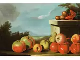 Obststillleben vor Landschaftshintergrund by Jakob Samuel Beck, oil on canvas, offered Mar 2025