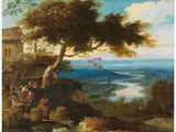 Weite Flusslandschaft mit Bauern und Weinfässern by Jaques Fouquieres, oil on panel, offered Mar 2025