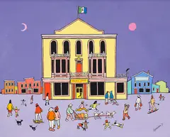 Dawson City Theatre by Ted Harrison, 1971, acrylic on canvas board, sold Jan 2020